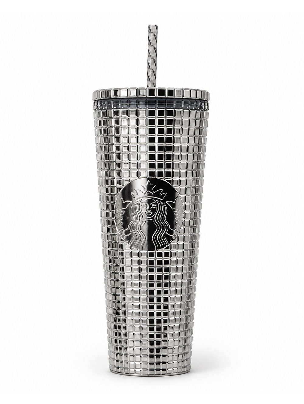 Starbucks 2023 Holiday Silver Chrome Grid Disco Tumbler 24oz Venti NEW